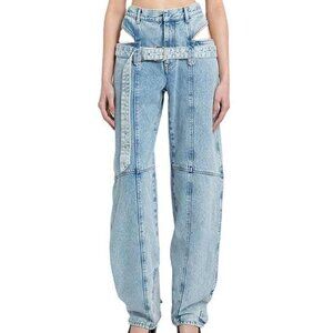 Hip Cutout Belted Light Wash Straight Leg Jeans Pants